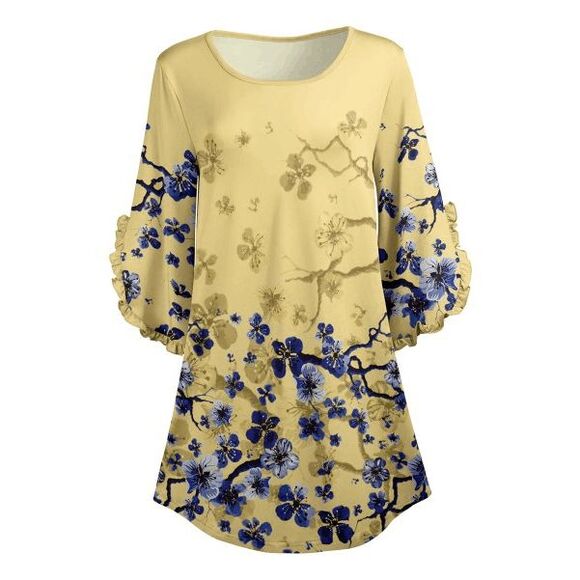 Yellow & Blue Floral Ruffle Dolman Tunic XL #1820-C8 - Picture 3 of 10